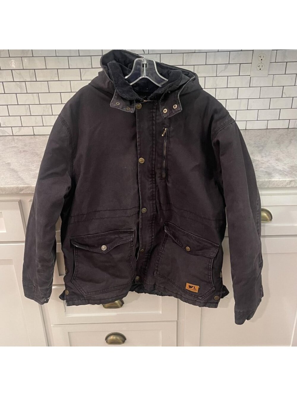 Wells Lamont Jacket Mens Large Black Hooded Insulated Canvas Chore Coat Detroit